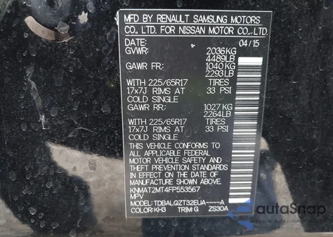 2015 Nissan Rogue Sv from USA, damaged, VIN KNMAT2MT4FP553567